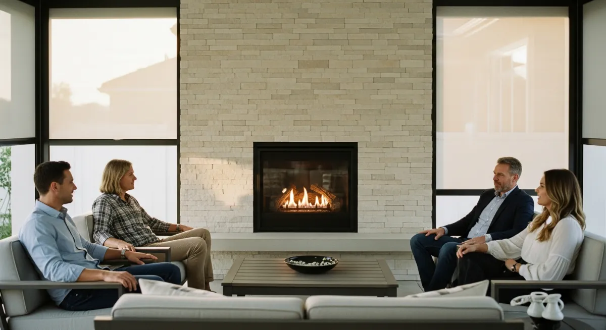 Gas outdoor fireplace insert with motorized screen enclosure in Florida patio setting.