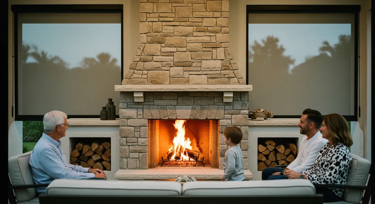 Wood-burning masonry outdoor fireplace with motorized screen enclosure in Florida.