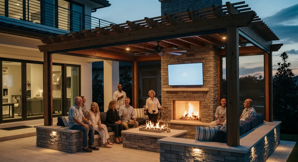Luxury grand outdoor fireplace with pergola and motorized screens in upscale Florida home.