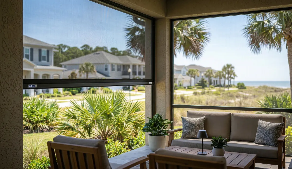 Fenetex motorized solar screen deployed on a covered patio in St. Augustine FL at midday, blocking harsh UV rays and reducing patio temperature while maintaining outward visibility and airflow
