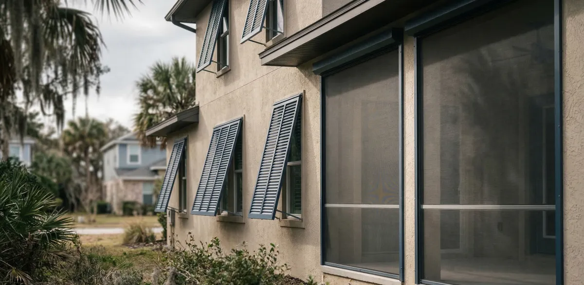 Northeast Florida coastal home with aluminum hurricane shutters on windows and Fenetex motorized screens deployed on the lanai, prepared for hurricane season in St. Augustine FL