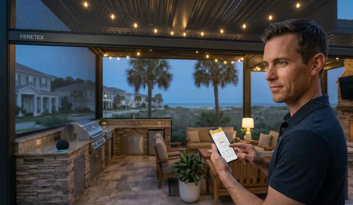 Homeowner in Nocatee FL using a smartphone app to deploy Fenetex motorized screens on their covered lanai at dusk, with Alexa Echo device visible on the outdoor kitchen counter showing smart home integration for outdoor living