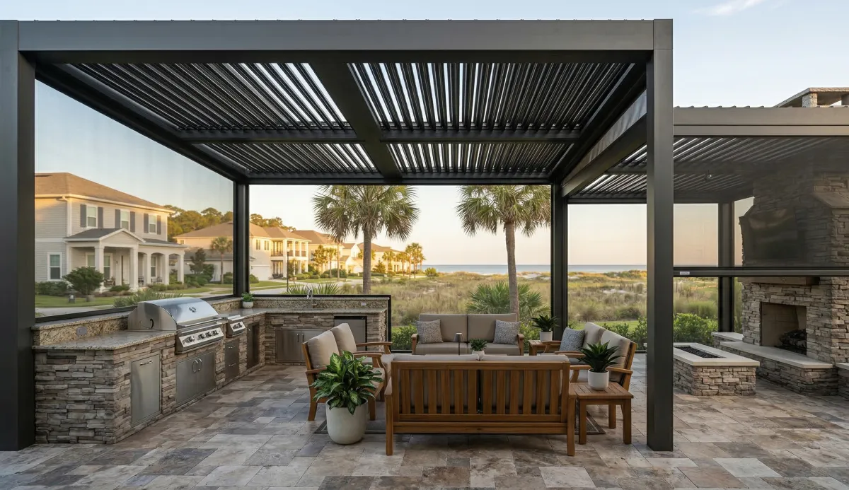 Complete outdoor living space in Nocatee FL featuring a StruXure pergola with Fenetex motorized screens deployed, outdoor kitchen, travertine patio, and outdoor fireplace — all protected and usable year-round by Titan Outdoor Solutions