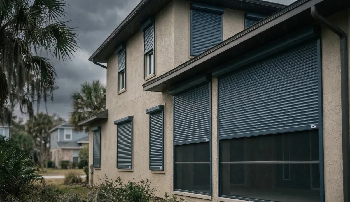 AHT roll-down aluminum hurricane shutters fully deployed on a coastal home in Ponte Vedra Beach FL, protecting windows and sliding glass doors during hurricane