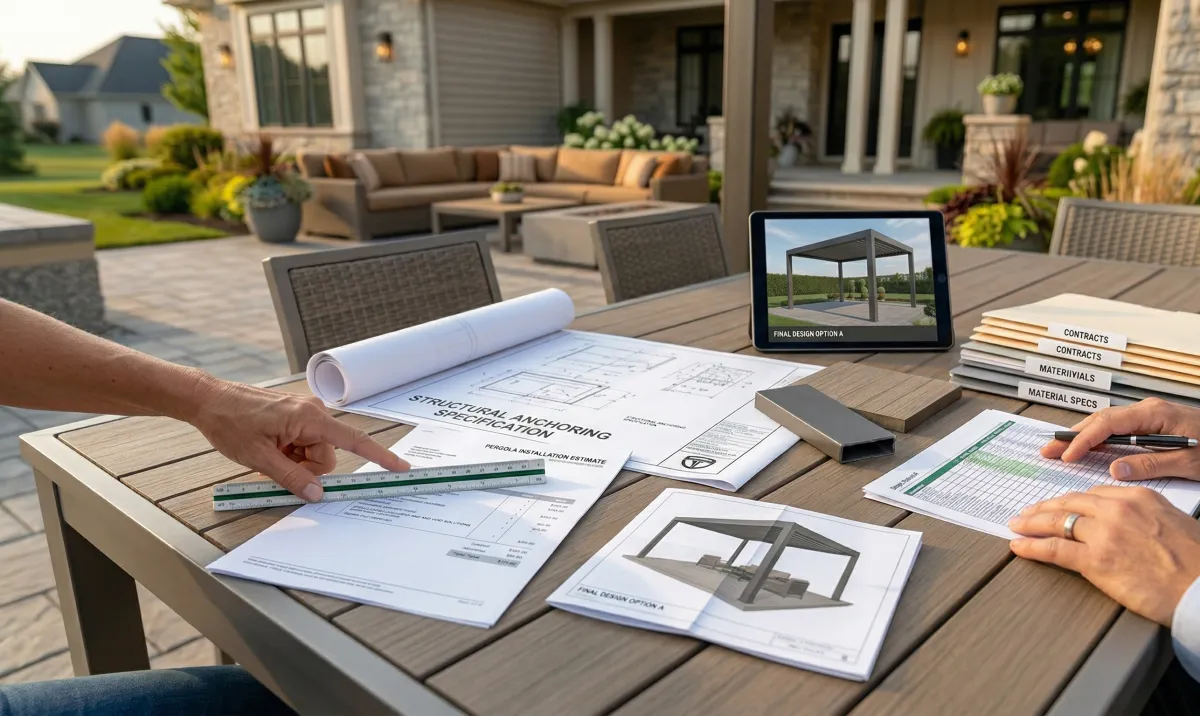  A homeowner reviewing pergola installation quotes and blueprints at a consultation table.
