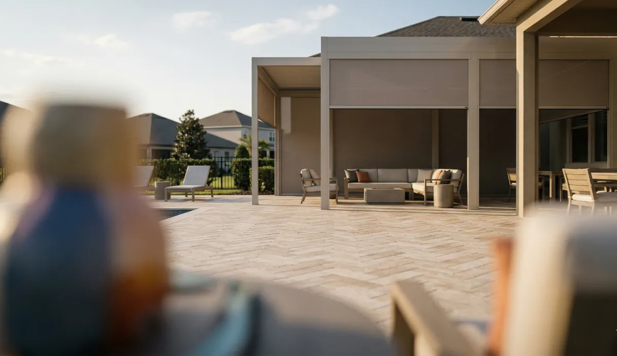 A herringbone-pattern travertine paver patio leading to a pergola with retractable Go-Fenetex motorized screens. 