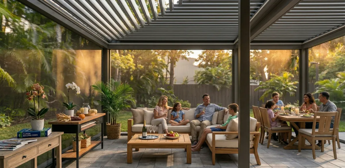 A completed three-layer outdoor room: paver patio, aluminum pergola, and Go-Fenetex retractable motorized screens with a family gathered at sunset.
