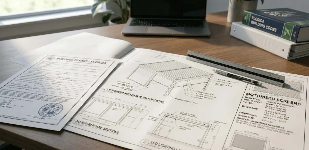 A Florida building permit document next to architectural pergola plans with Go-Fenetex screen specifications noted. 
