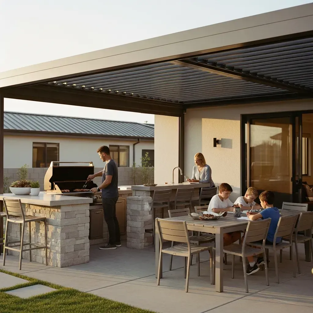 Family cooking at home again 6:30pm Tuesday, grilling in outdoor kitchen under pergola with adjusted louvers for shade and airflow at 88 degrees, instead of heating up kitchen with oven, spouse sitting at outdoor bar, kids doing homework at outdoor table, eating outside together instead of ordering Chipotle and eating in front of TV