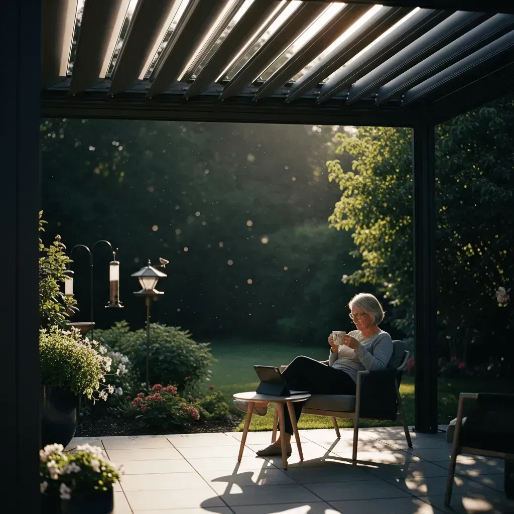 Morning coffee ritual outside at 6:30am under StruXure pergola with coffee, reading paper or tablet, louvers open for perfect morning temperature, birds singing, peaceful retirement morning not sitting at kitchen counter staring at wall