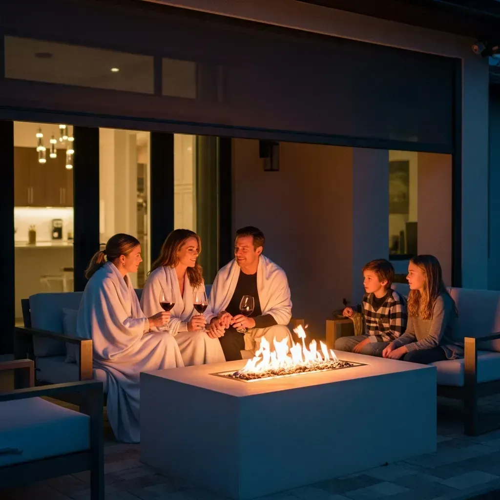 Florida outdoor living space with fireplace and motorized screens used year-round by family.