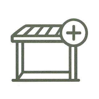 Outdoor kitchen structure with a plus sign icon representing how stone countertops and stainless appliances enhance outdoor spaces.