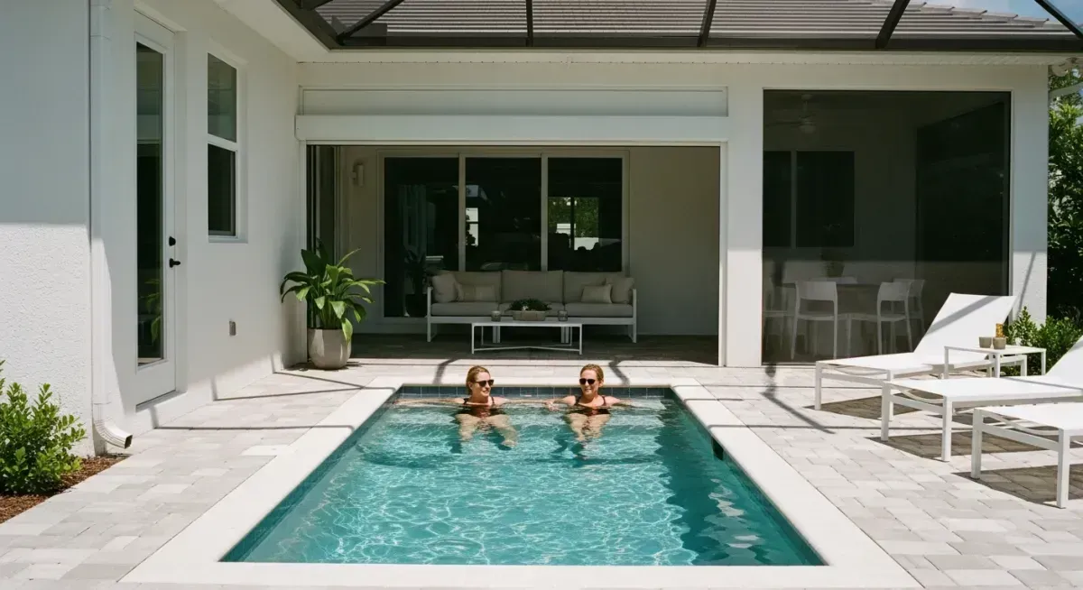 12x7 compact plunge pool with motorized screen enclosure for small Florida patio spaces.