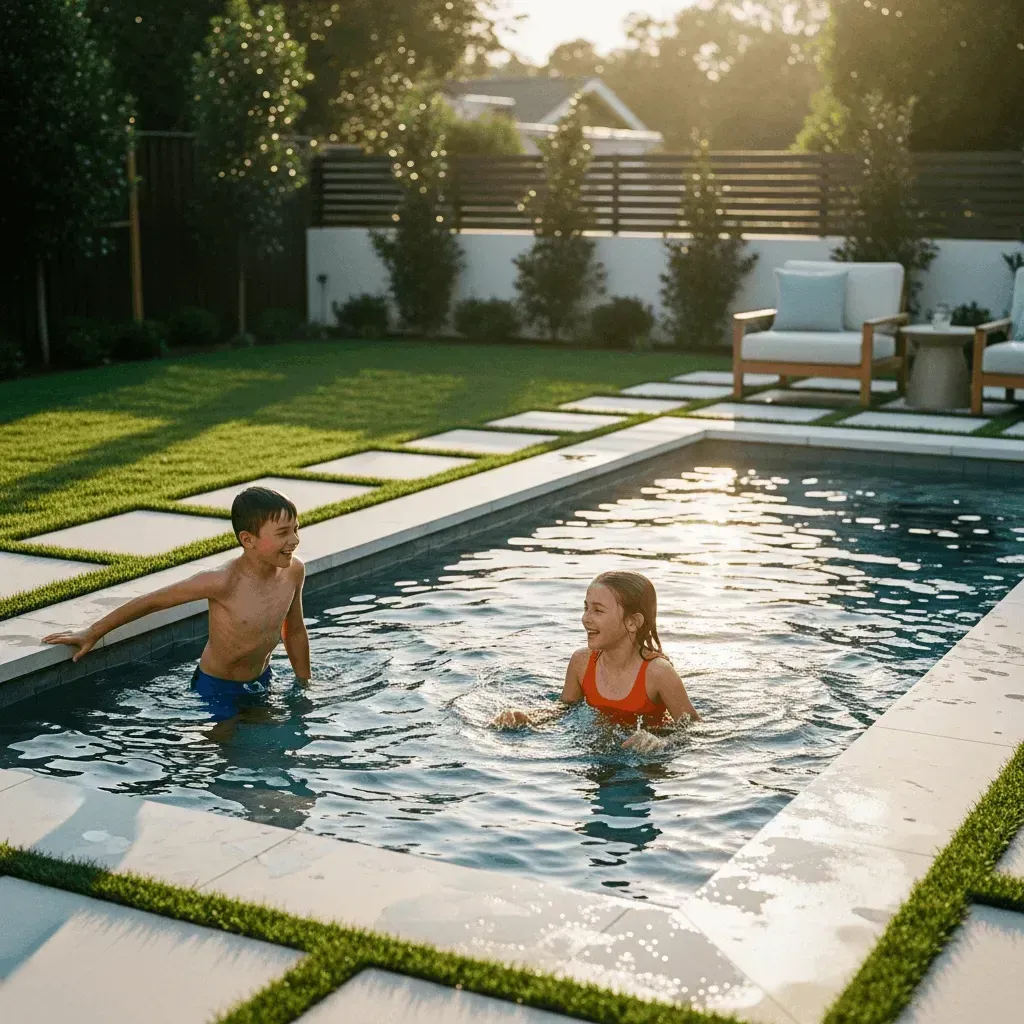 Your Kids Actually Play Outside - Mother and son swimming in backyard plunge pool sized 12'x7' to 20'x10' with grass pavers and modern landscaping, kids using pool after school instead of screens