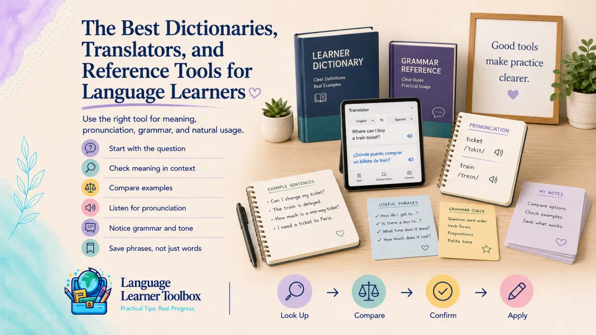 Organized language-learning reference tools including dictionaries, translation screens, pronunciation notes, grammar guides, and example phrases.