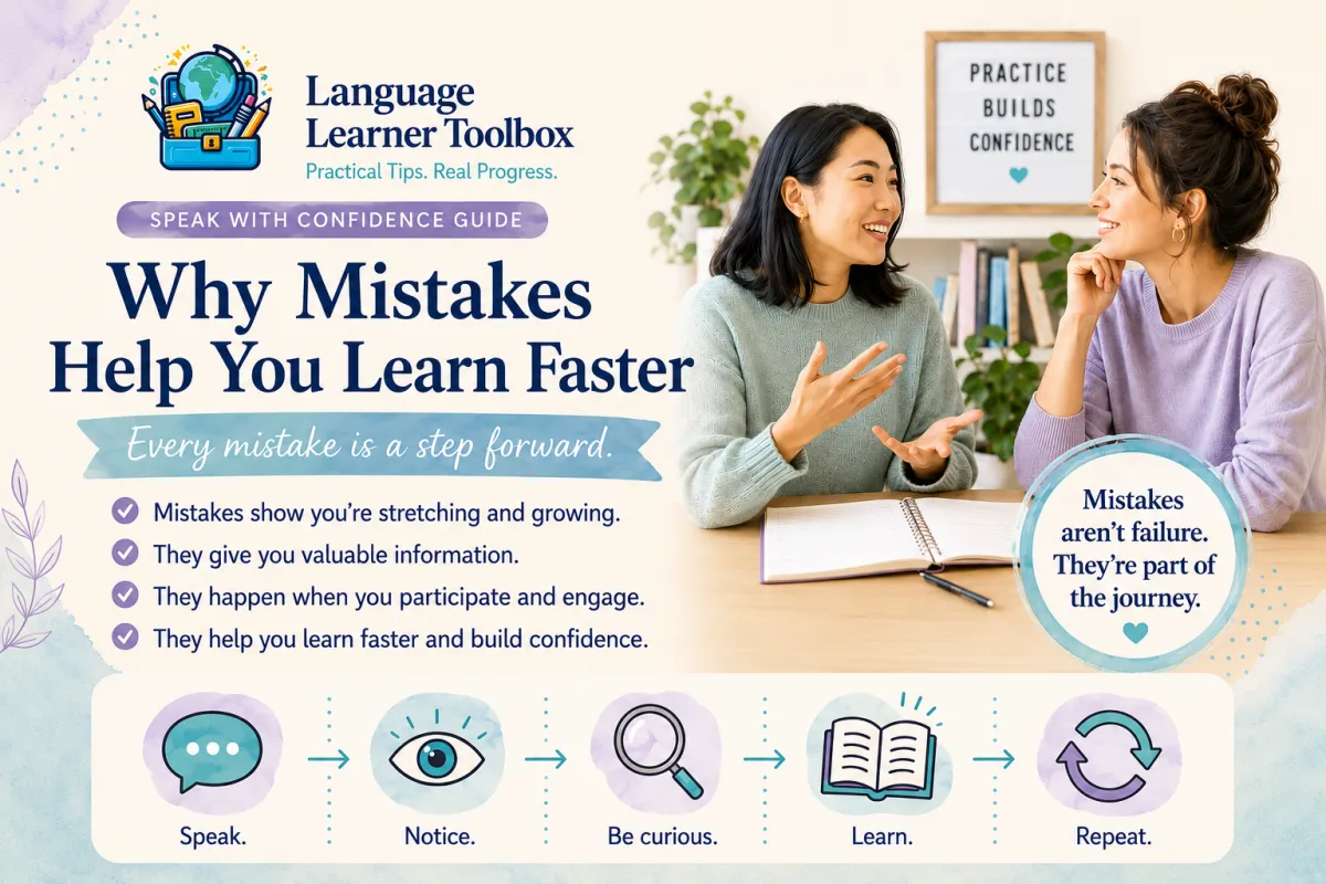 Teacher encouraging an adult language learner to participate, showing that mistakes are a natural part of building speaking confidence.