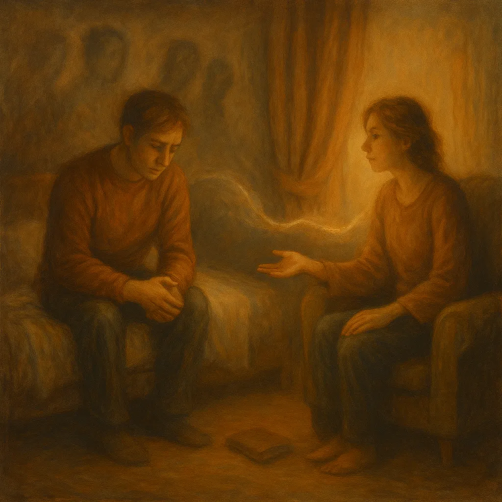 Painting of two figures seated close together in a warmly lit, shadowed room, one reaching toward the other with an open hand — evoking the structured, insight-based witnessing that Post-Step Integration Discussions make possible when each person arrives having already done their own individual work.