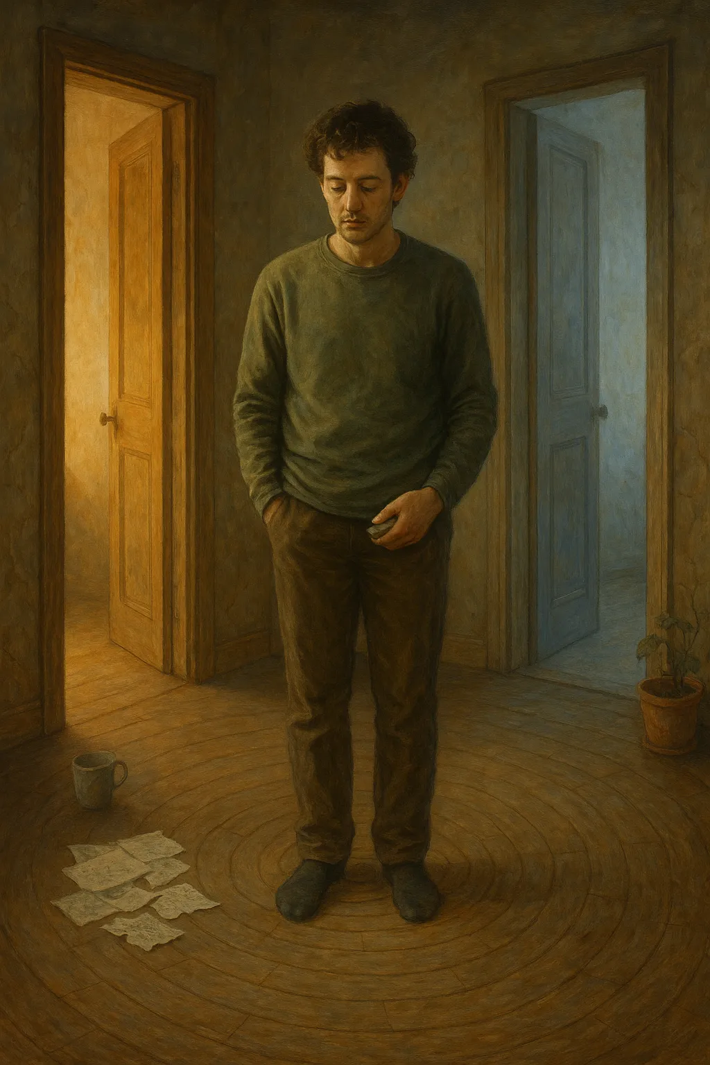Painting of Man Standing by two Doors, Looking Down