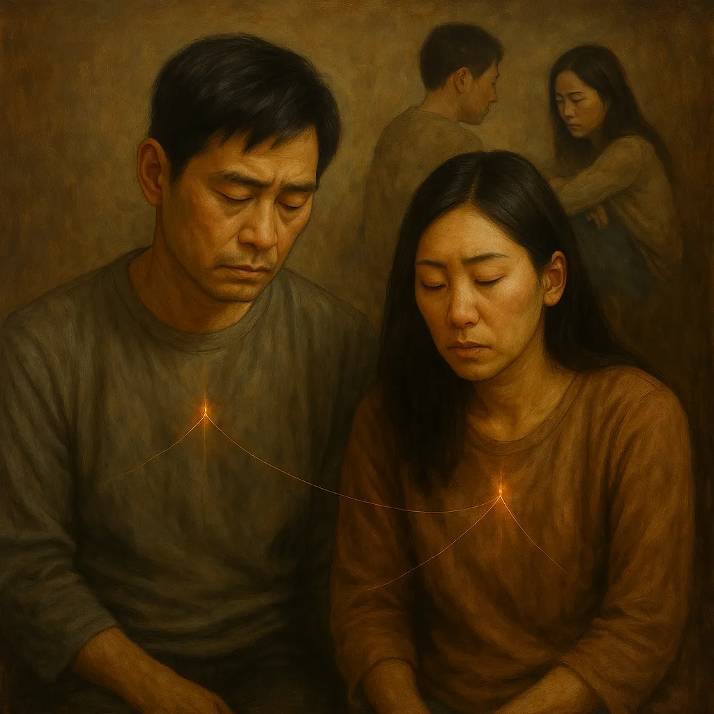 A couple sits in quiet, exhausted silence in the foreground — while behind them, a younger version of themselves stands together, in their past. The image captures the long and difficult journey between then and now, and what accumulates over time when neurological differences go unnamed.