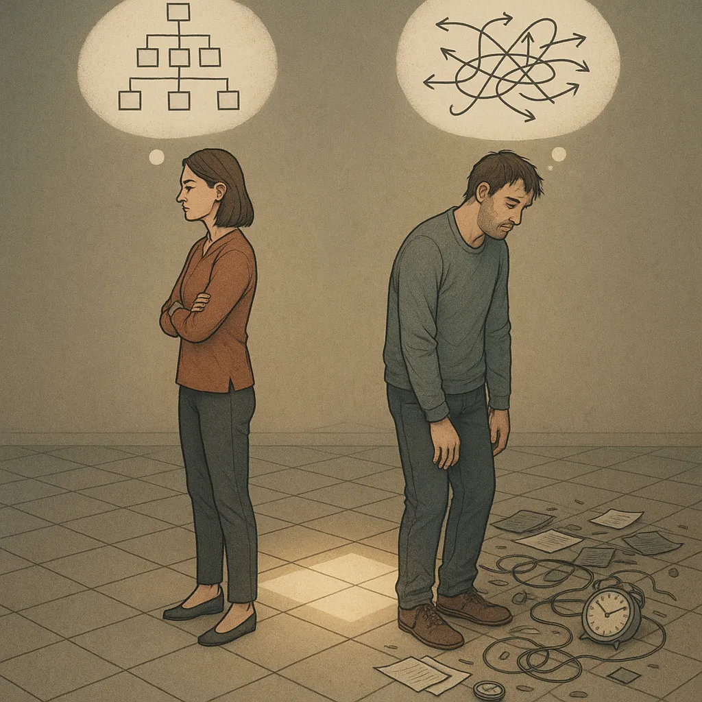An illustration of two people standing apart, not making eye contact. Above each of them is a thought bubble showing how they're thinking: one contains a clear, structured organizational chart; the other contains a tangled web of arrows going in every direction. Scattered on the floor around them are papers and a clock, suggesting mounting pressure and unresolved confusion.