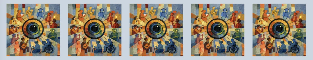 5 Copies of An Artistic Rendering of Many Pathways Surrounding a Single Lens in the Form of an Eye