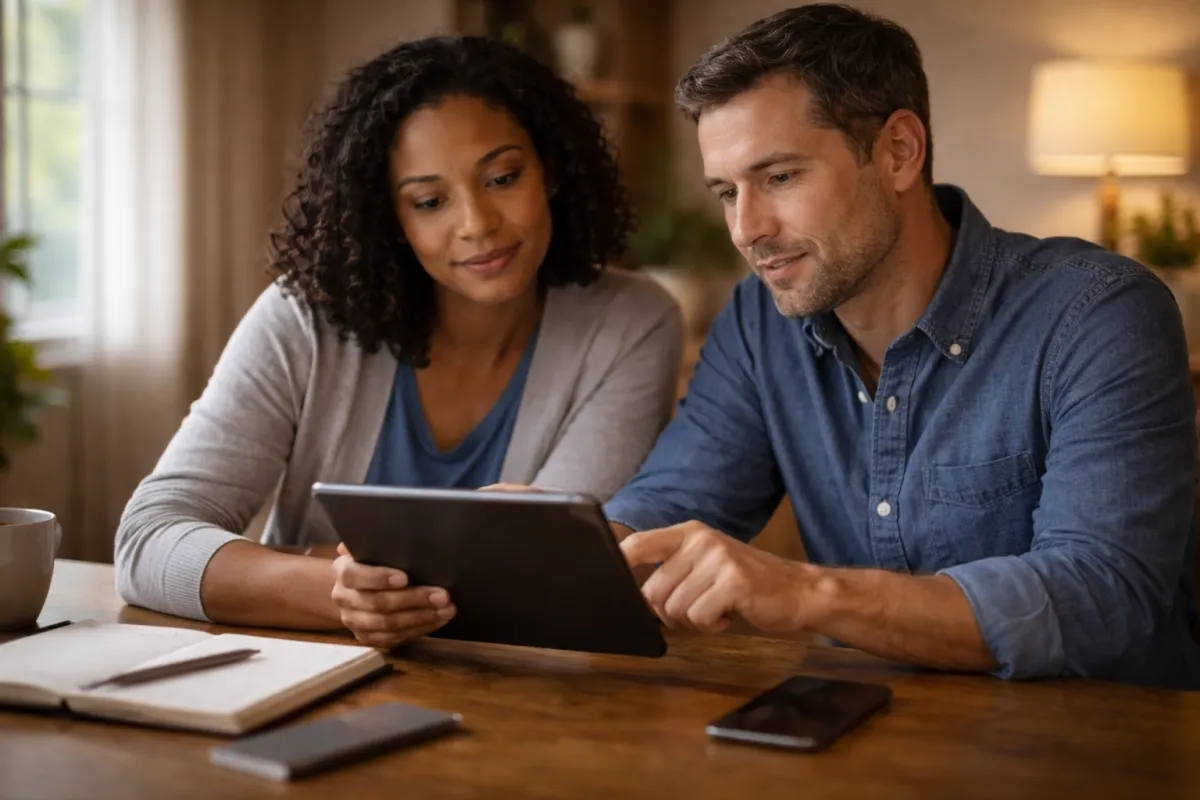 Three adults seated around a wooden table engaged in a thoughtful discussion, with one speaking and the other two listening attentively in a warmly lit office setting.