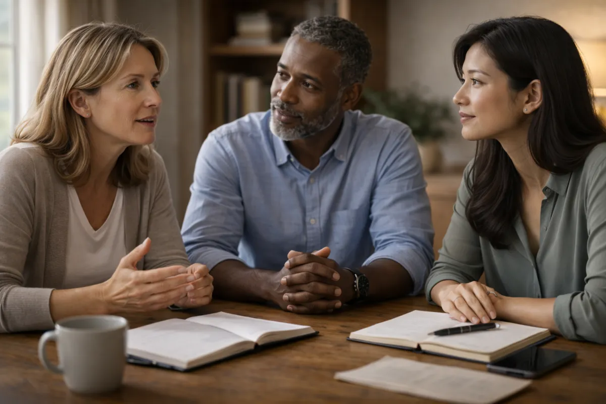 Three adults seated around a wooden table engaged in a thoughtful discussion, with one speaking and the other two listening attentively in a warmly lit office setting.