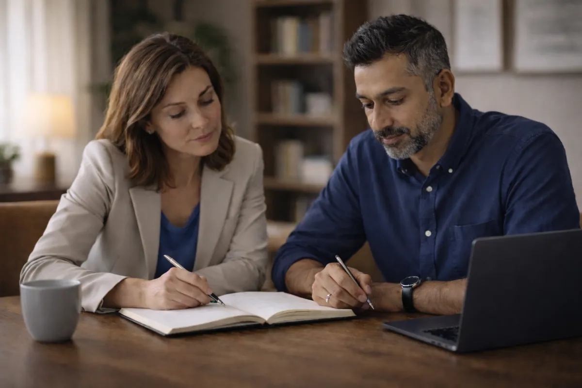 Two professionals seated at a wooden table reviewing notes together in a softly lit office setting.