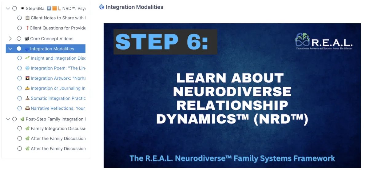 Screenshot of the R.E.A.L. Neurodiverse™ client portal on the UnitusTI platform, showing Step 6 — Learn About Neurodiverse Relationship Dynamics™ — with the full menu of integration modalities available for client selection, including integration poem, artwork, journaling, somatic practice, and narrative reflections.
