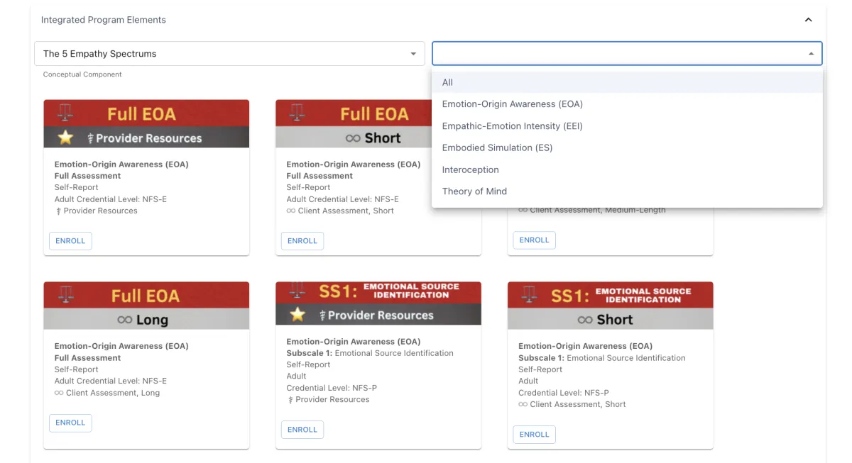 Screenshot of the R.E.A.L. Neurodiverse™ assessment portal on the UnitusTI platform, showing the Five Empathy Spectrum Assessments available for selection — including Emotion-Origin Awareness, Empathic-Emotion Intensity, Embedded Simulation, Interoception, and Theory of Mind — in both full and subscale formats across credential levels.