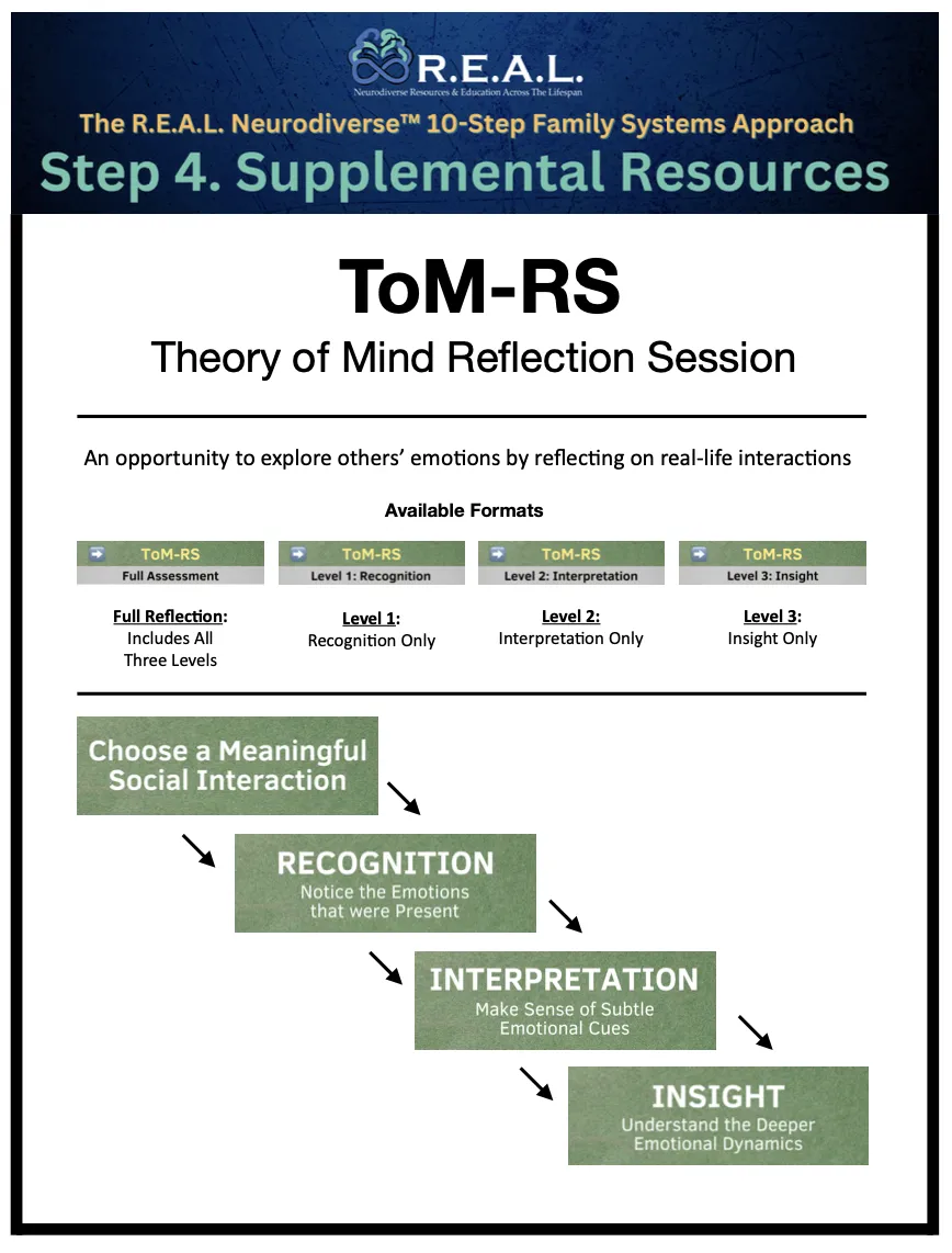 Overview diagram of the Theory of Mind Reflection Session (ToM-RS), showing four available formats — Full Assessment, Level 1: Recognition, Level 2: Interpretation, and Level 3: Insight — and the three-stage sequential process of choosing a meaningful social interaction, then moving through Recognition, Interpretation, and Insight.