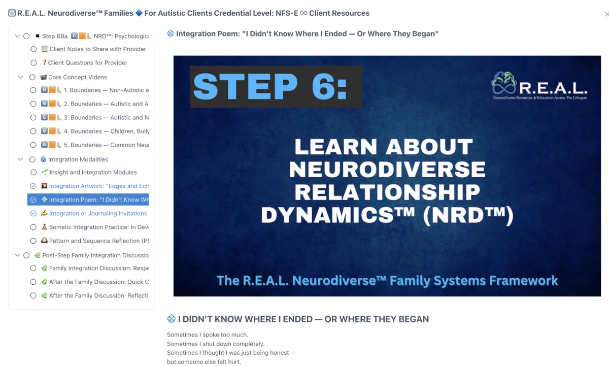 Inside the R.E.A.L. client portal at Step 6, showing the three-stage structure of a step in the left sidebar and an integration poem chosen from the modalities options on the right.