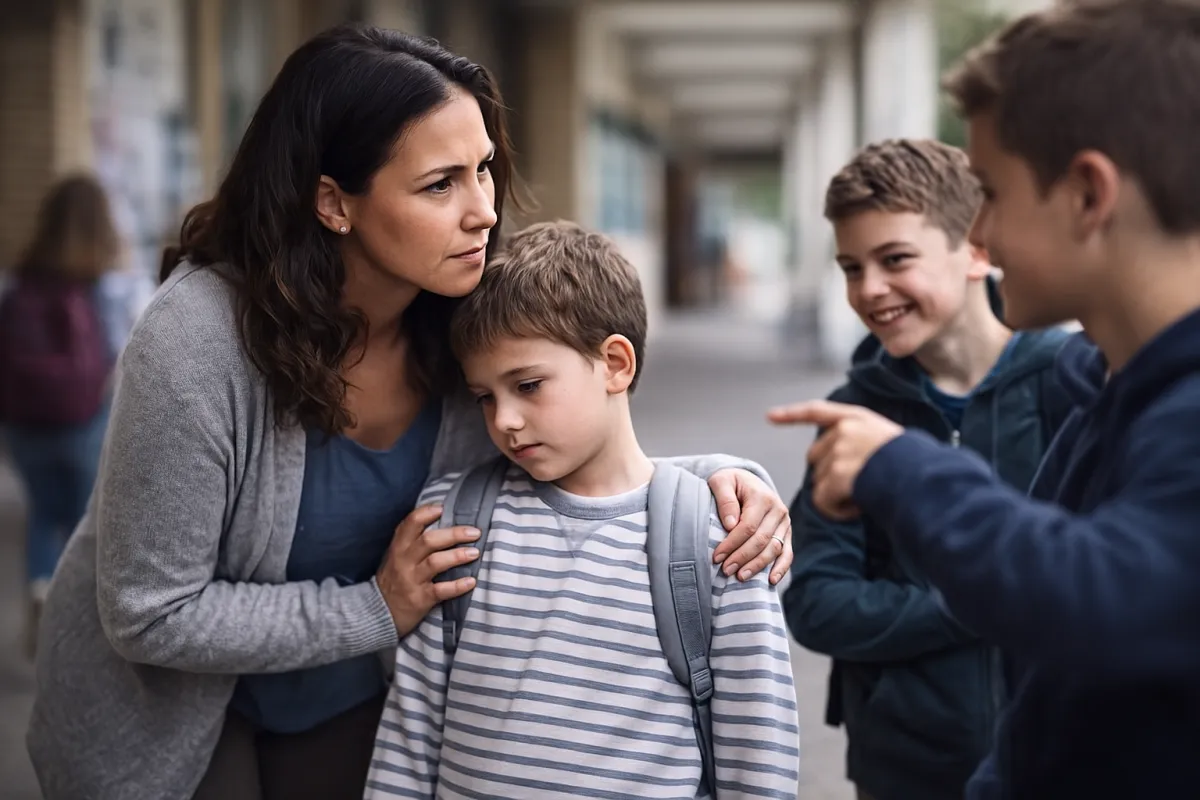 Woman standing protectively beside a sad school-aged boy while two other boys point and smile in the background, illustrating childhood bullying and adult concern.