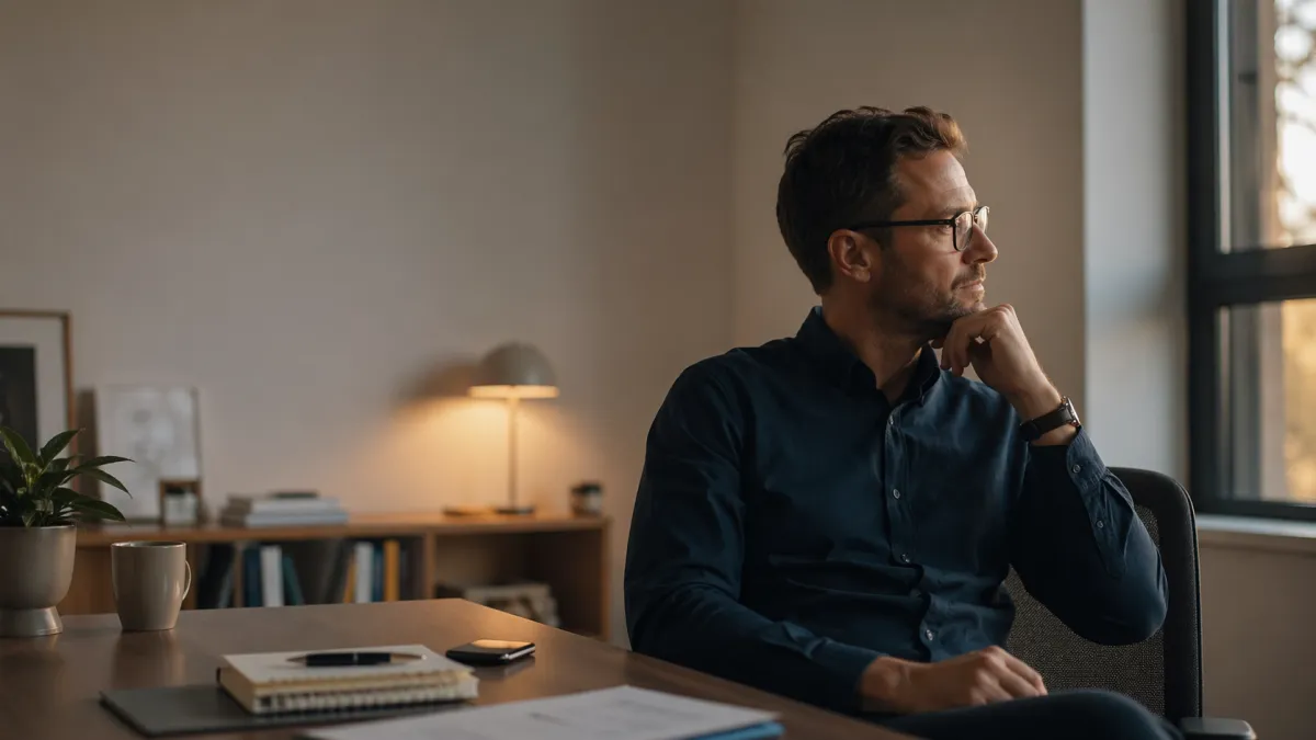 A man seated at a desk in a quiet office, looking out the window in a moment of reflection. A lamp, notebook, and coffee cup sit nearby, suggesting a thoughtful pause in the middle of a working day.