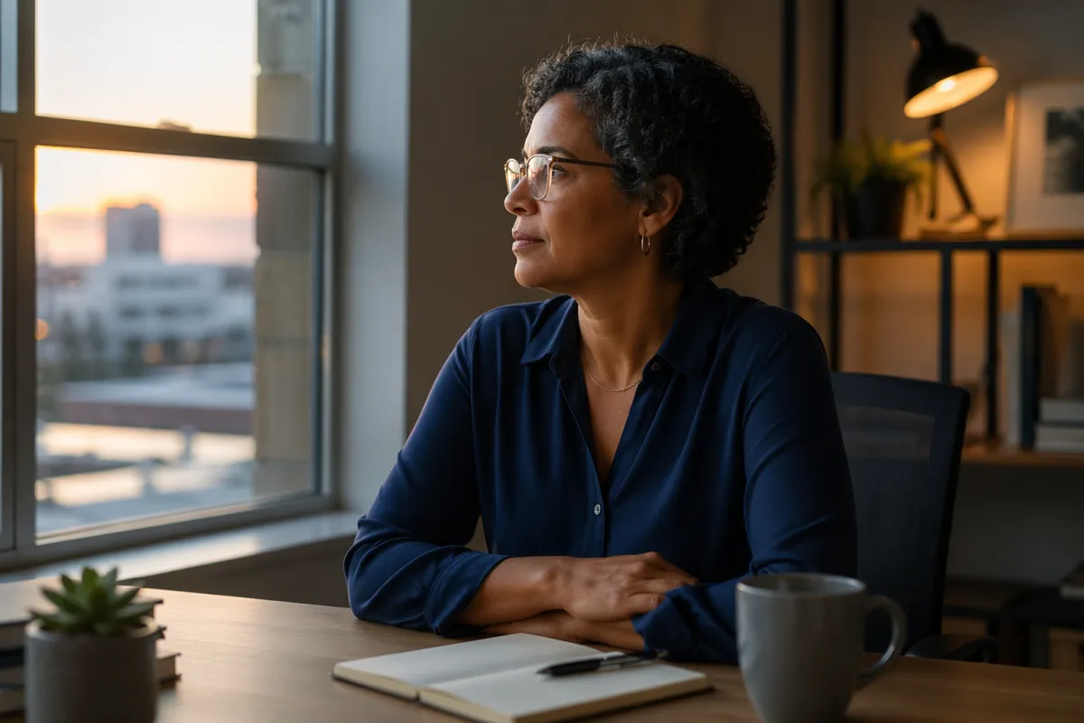 Thoughtful professional seated at a desk in a softly lit office, gazing out a window during golden hour, with a notebook, mug, and warm ambient lighting creating a calm, reflective workspace atmosphere.
