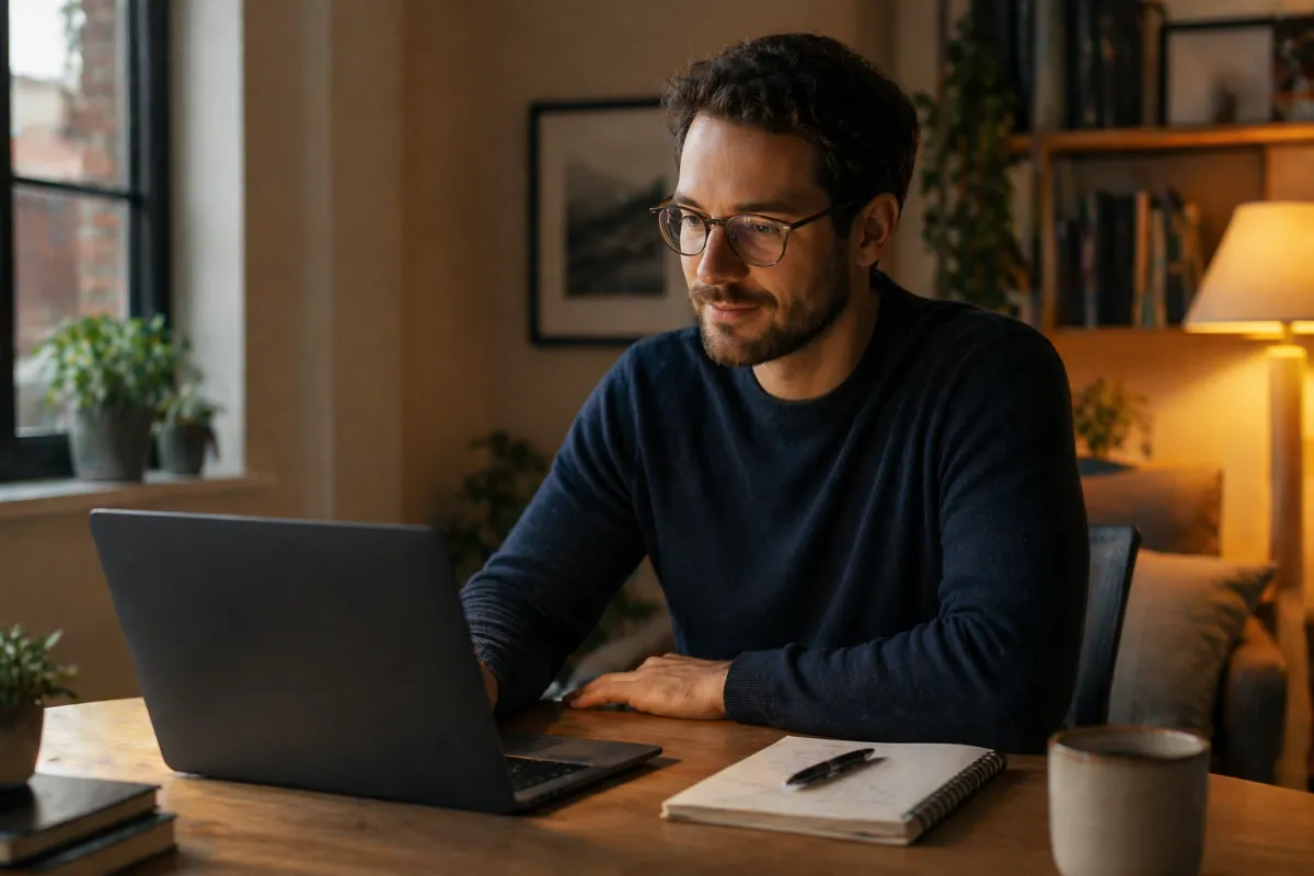 Thoughtful professional seated at a desk in a softly lit office, looking at a laptop, with a notebook, mug, and warm ambient lighting creating a calm, reflective workspace atmosphere.