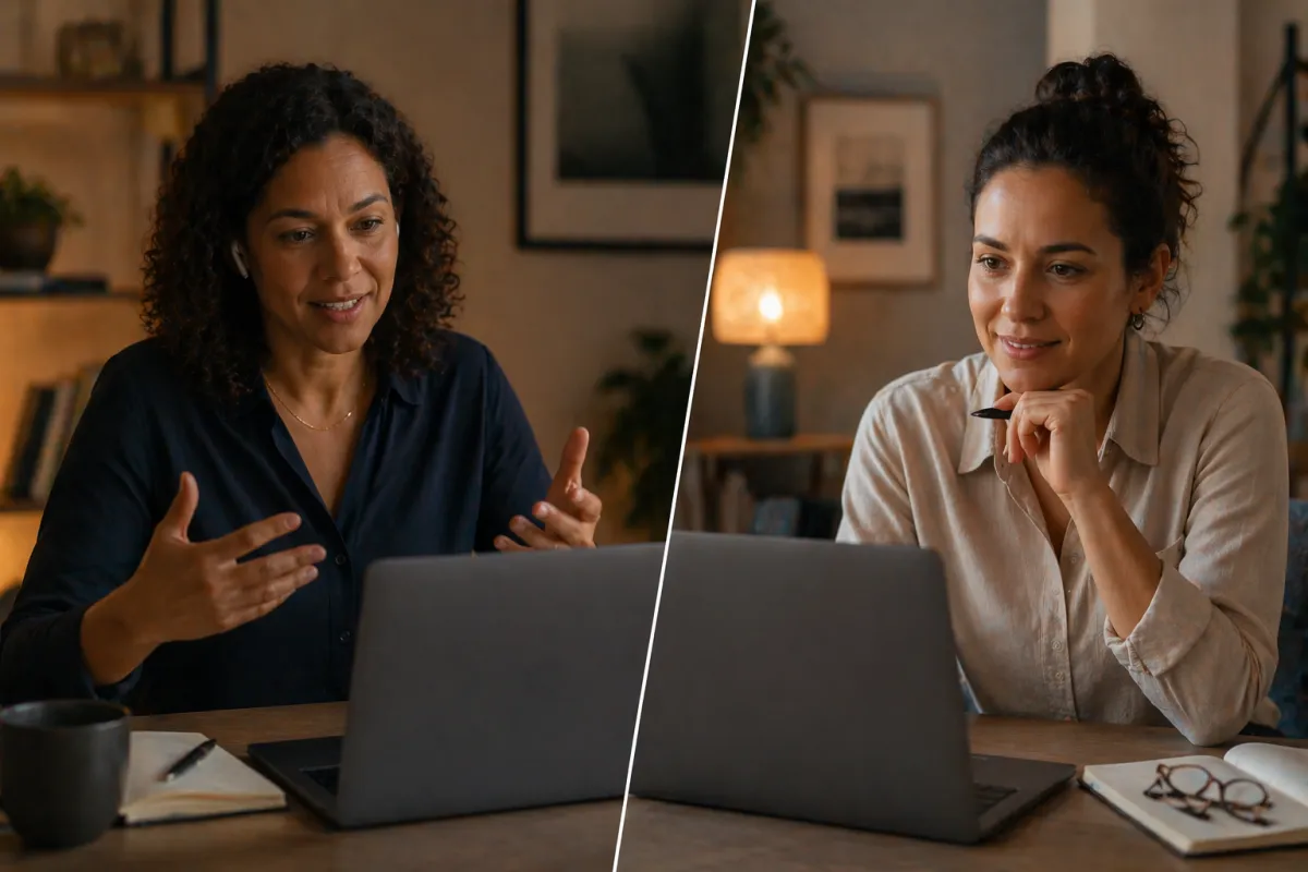 Two women participating in a video coaching session, each at their own laptop in separate home or office settings. One is speaking and gesturing expressively while the other listens with focused attention.