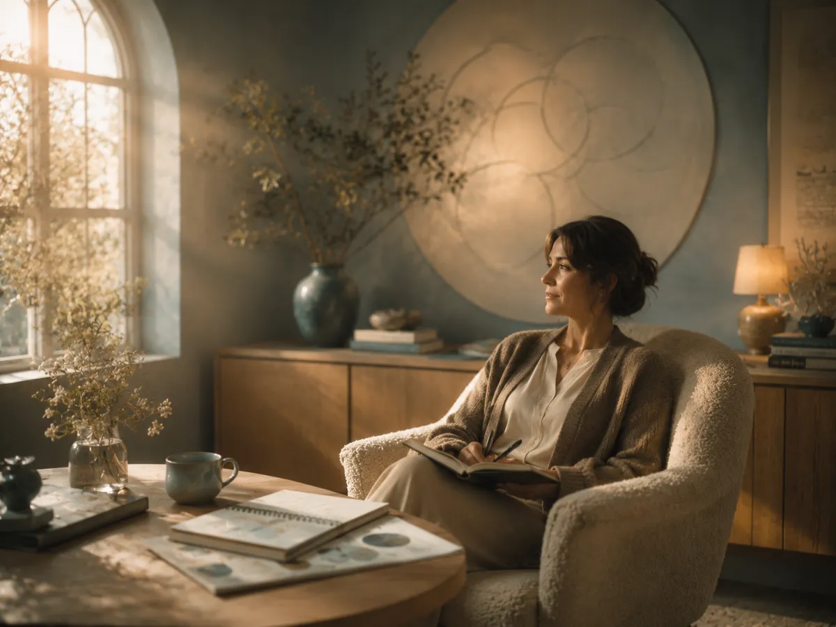 A woman sits alone in a warm, quiet room with a notebook and resource pages, reflecting beside soft blue walls, wooden furniture, and subtle circular wall art suggesting the larger family system.