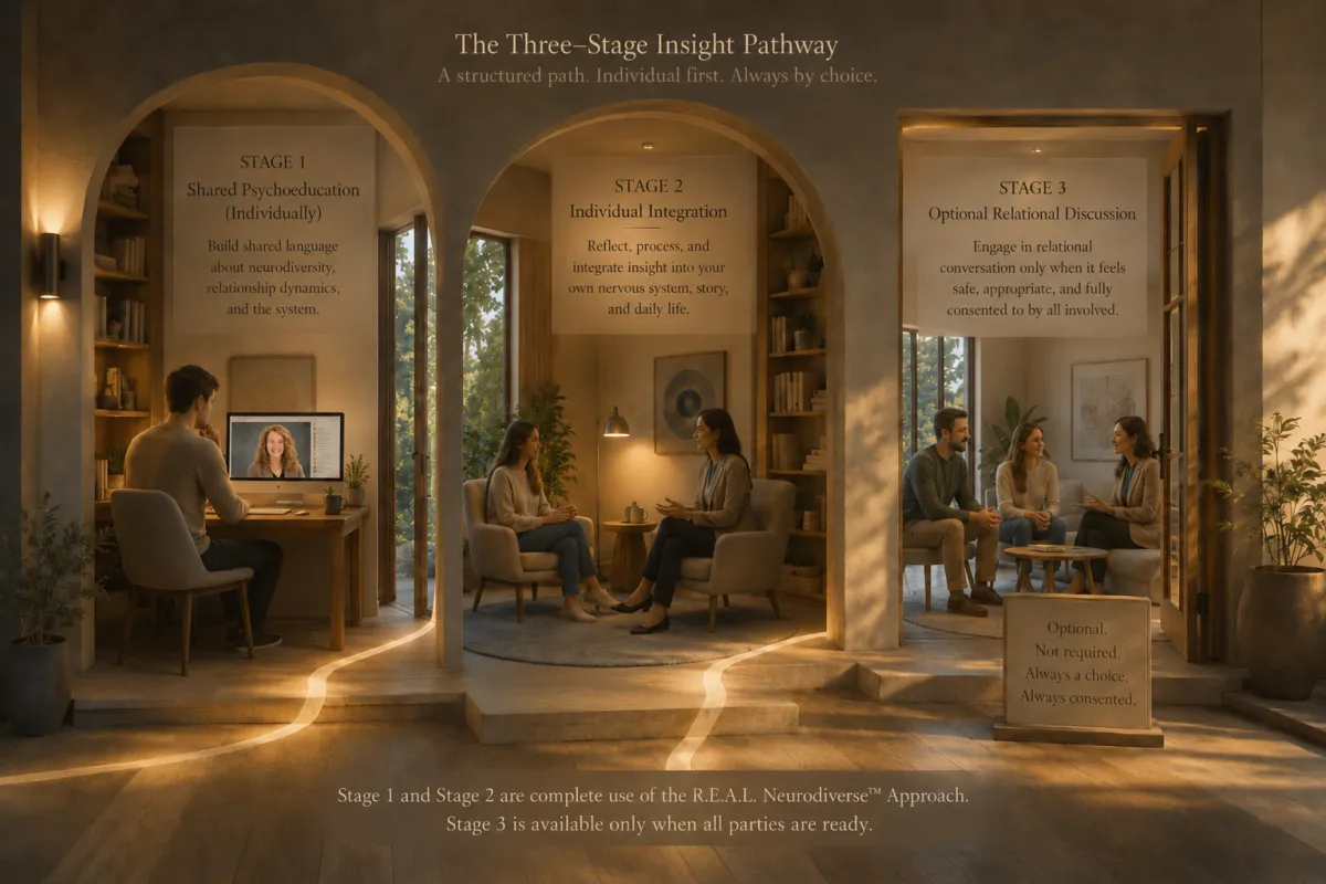 Three warm interior rooms show the Three-Stage Insight Pathway: one person watching educational videos, a provider and client in individual discussion, and an optional relational discussion with a provider and couple.