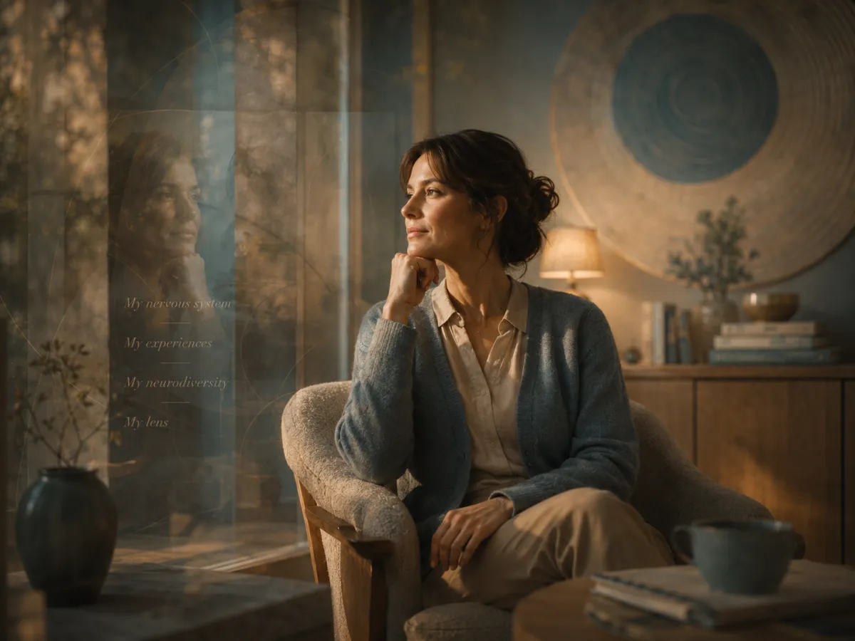 A thoughtful provider sits in a calm consultation space beside layered glass and soft reflections, symbolizing how a provider’s own neurology shapes perception, interpretation, and support.