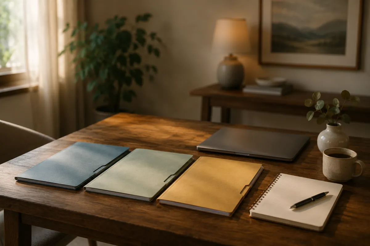Warm cinematic image of a wooden table in a quiet room with three organized folders in muted blue, soft green, and warm gold, a notebook with a pen, and a closed laptop, suggesting calm sequential planning and private reflection.