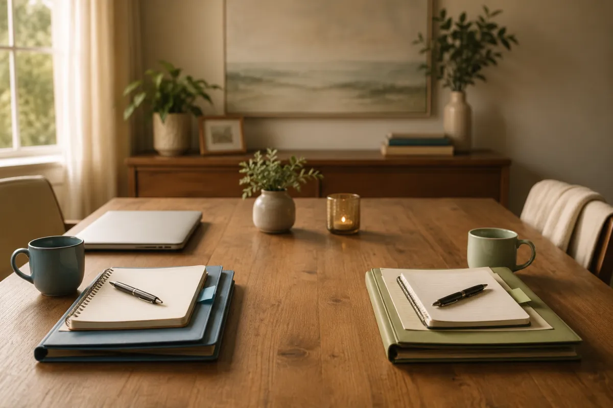 A warm wooden table with two separate notebook-and-folder work areas in muted blue and green tones, with a closed laptop nearby, suggesting calm written reflection and structured separation planning.
