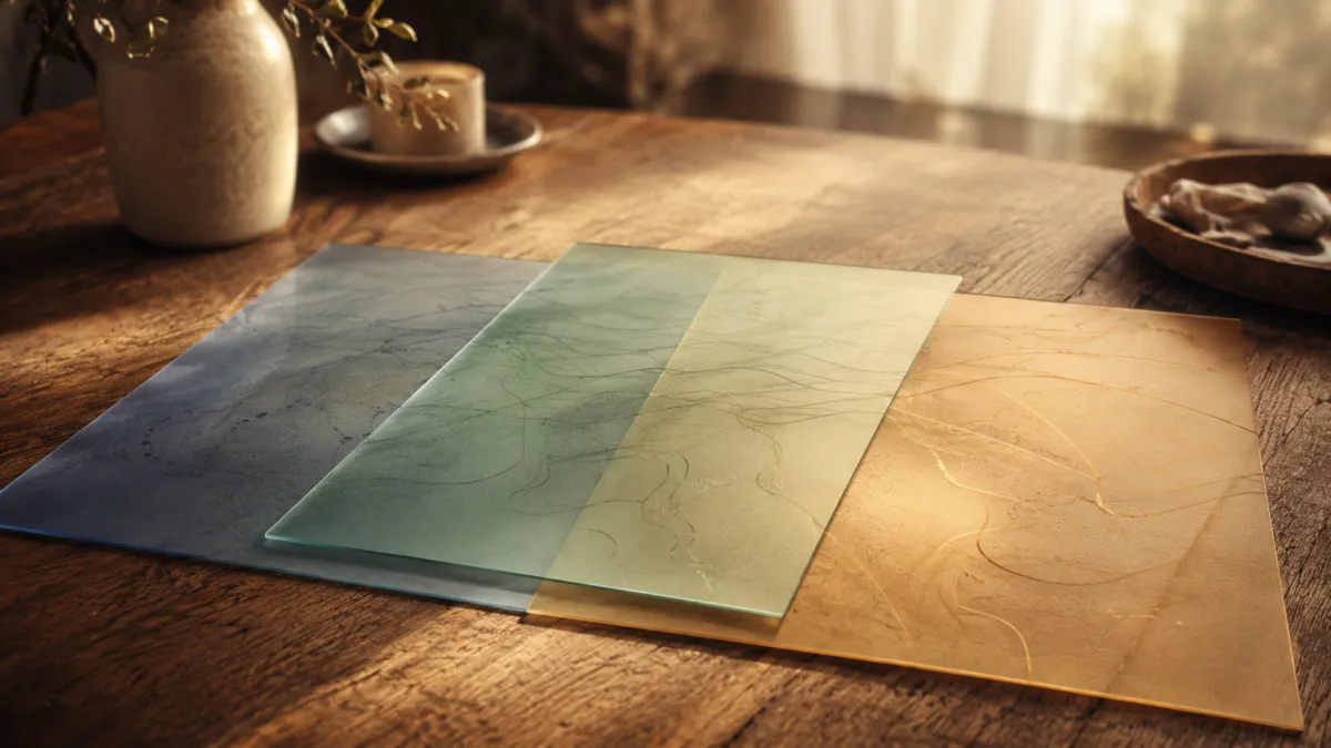 Three overlapping translucent glass panels in muted blue, green, and gold rest on a warm wooden table, with faint abstract pathways visible beneath them.