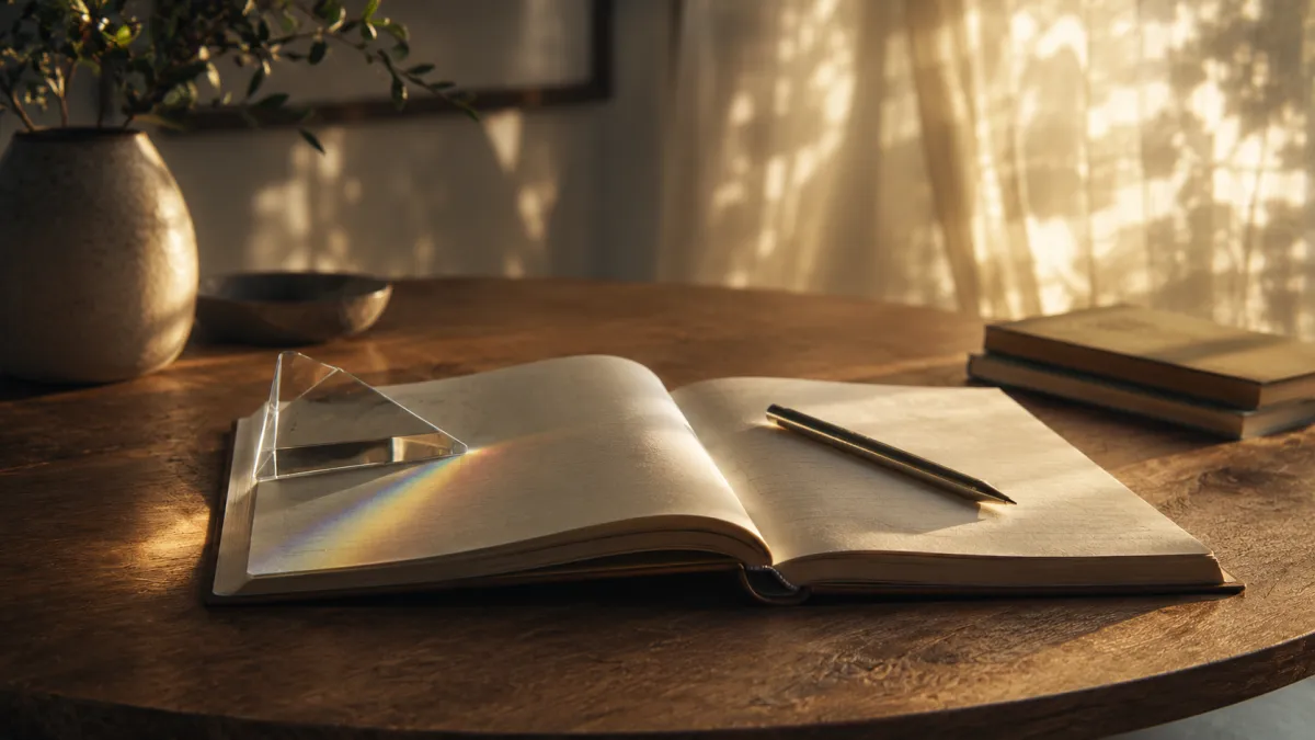 An open notebook, pen, and glass prism sit on a wooden table as soft natural light bends across the page in a quiet reflective room