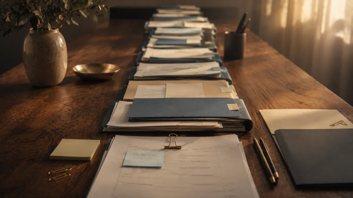 A long wooden table holds a rigid pathway of stacked folders, forms, tabs, sticky notes, and paper clips, suggesting organized procedural pressure.