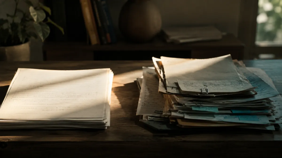 Two separate stacks of written accounts sit on a wooden table, one neatly arranged in stronger light and the other layered with notes and partially in shadow.