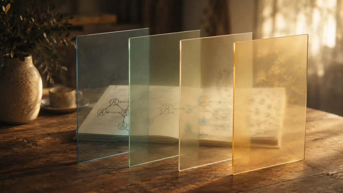 A row of translucent glass panels stands on a wooden table, gradually distorting a notebook and family-system map behind them.