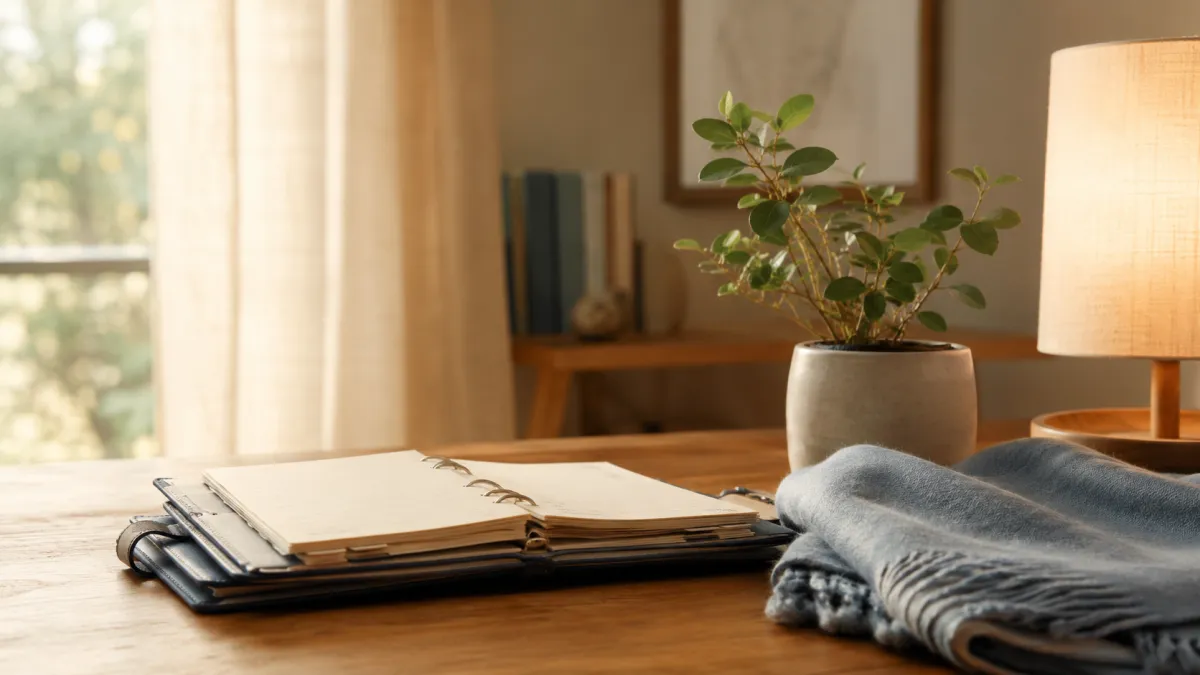 A calm wooden table holds an open planner, soft folded cloth, warm lamp light, and a small green plant, suggesting structure, care, and restoration.