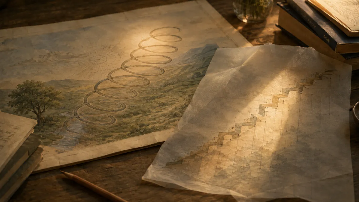Warm wooden study table with an old developmental map showing a clear spiral path beside a partially revealed stair-step path under translucent paper, suggesting a missing developmental route being brought into view