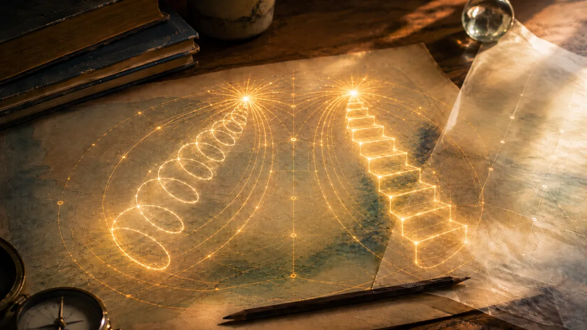 Golden glowing blueprint on a rustic table showing a spiral path and a staircase rising side by side toward separate points of light, symbolizing two distinct developmental processes supported by shared structure.